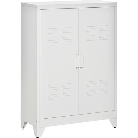 Armoire métallique de rangement à double porte persiennée aimantée, 2 étagères réglables, blanche, pour bureau, garage ou atelier, 75 x 33 x 110 cm – CHICFURN (1/5)