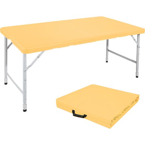 Table pliante portable 125 cm avec poignée, hauteur réglable, structure acier, surface en plastique haute densité, capacité 135 kg, couleur jaune clair (1/5)