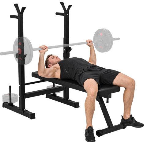 HOMCOM banco de pesas multifuncional plegable, press banca con soporte para barras ajustable y estación de dips, para entrenamiento en casa gimnasio
