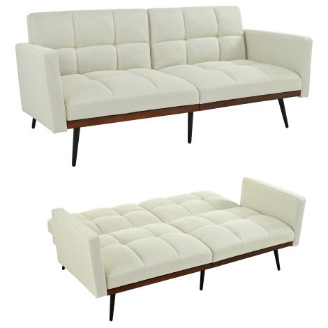 Mittlecentury-Moderne Futon-Couch im Linnen-Mix, 146 cm de largeur, 5 fois réglable coulisses et brassiers fixes, pieds métalliques, beige