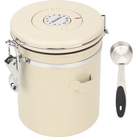 Boîte à café hermétique en acier inoxydable 304, 1,2 L, avec cuillère intégrée, blanc crème. (1/5)