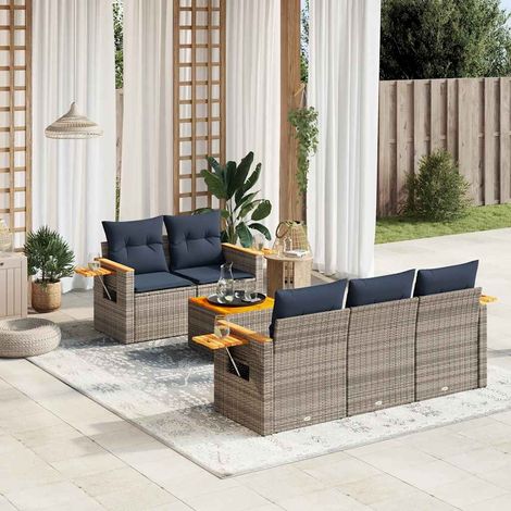 Salon de jardin 6 pièces en résine tressée gris avec coussins bleu marine, 52.6kg - PANGIVO (1/5)