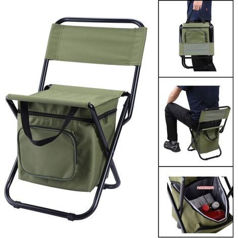 Chaise pliante multifonctionnelle 3 en 1 avec sac isotherme intégré, vert olive, idéale pour le camping, la pêche, les pique-niques et la randonnée (1/3)