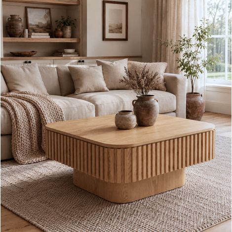 Table basse carrée 75x75x35 cm avec rangement caché, plateau relevable, MDF placage bois, naturel (1/5)