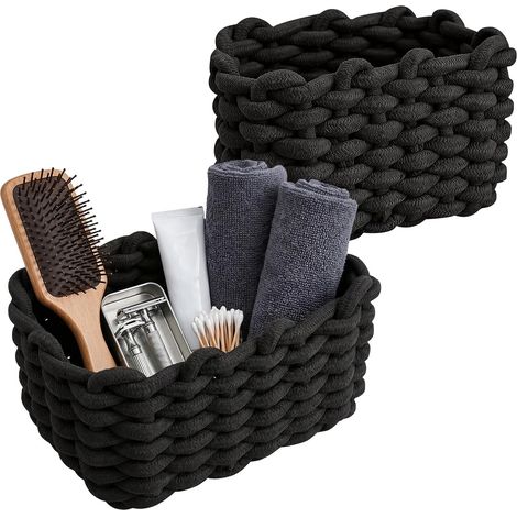 Panier De Rangement En Coton, Lot De 2 Paniers De Rangement 19x15x12cm, Panier Tressé En Coton, Petit Panier, Panier Tressé, Organisateur Pour Salle De Bain, Salon, Noir (1/5)