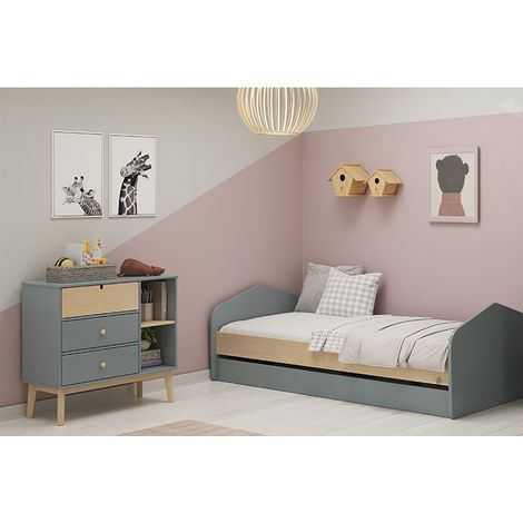 KAINA - Pack Lit 90x200cm avec Tiroir + Commode 3 Tiroirs Coloris Gris et Naturel (1/5)