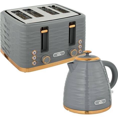 Frühstücksset Wasserkocher & Toaster 1,5L Wasserkocher 4 Scheiben Toaster 3000 W 7 Bräunungsstufen Auftauen & Aufwärmen Grau