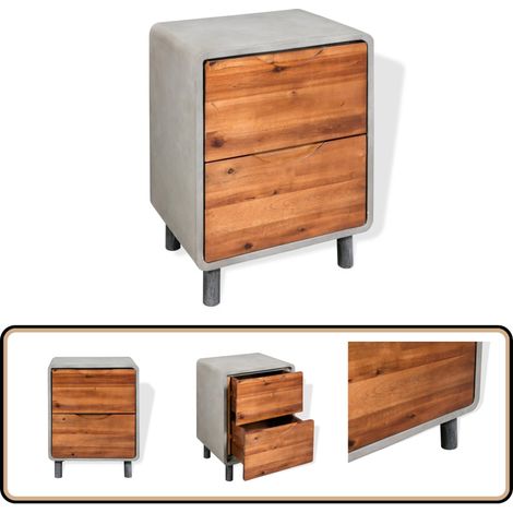 Nachttisch Beton Akazienholz Massiv 40 x 30 x 50 cm - Industrieller Nachttisch - Beton Tisch - Holzschubladen - Nachtisch - Wohnzimmer Deko