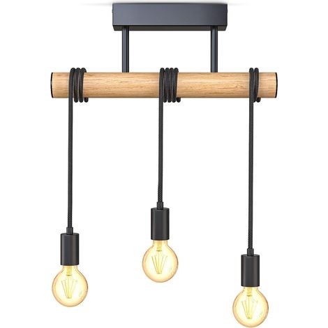 MINKUROW Lampada A Sospensione 3 Prese E27 I Metallo E Legno I Nero Opaco I Lampadario Retrò Vintage I Lampada Da Soffitto I Consegnato Senza Lampadine (1/5)