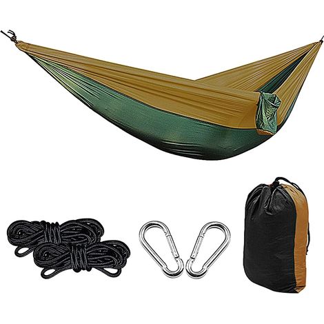Hamac de camping, hamac parachute portable ultra-léger, avec 2 sangles pour arbres et sac de rangement (vert foncé + camel)