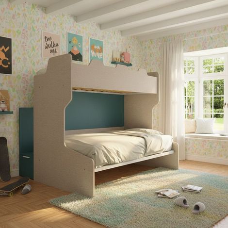 Letto a castello salvaspazio con scala contenitore - 1 Piazza e mezza + singolo - Effetto Tessuto e Verde Petrolio