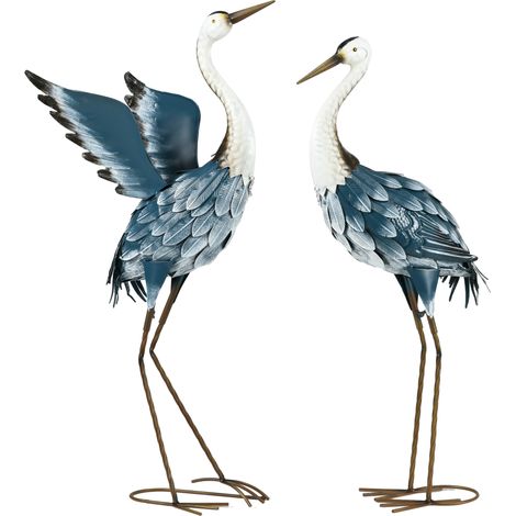 Lot de 2 statues héron acier extérieur jardin étang patio pelouse 74/70cm multicolore