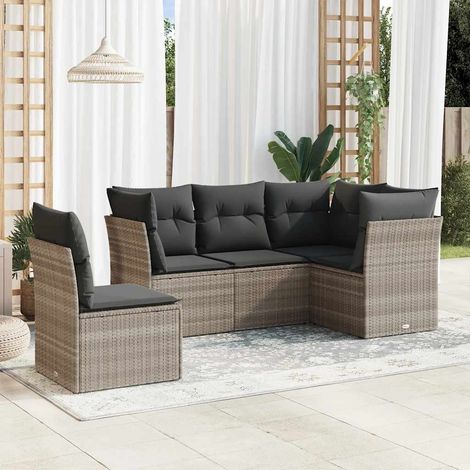 Ensemble de canapé de jardin 5 pièces avec coussins, en polyrotin gris clair (1/3)