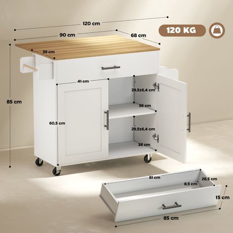 Îlot de cuisine roulant, table de préparation avec abattant, tiroir et étagère, 120x68x85 cm, blanc, chariot de service à roulettes. (1/5)
