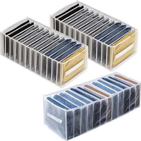 3 Pcs Boîte de Rangement pour Jeans, Organisateur de Tiroir Vetements en Nylon, Boîtes de Rangement Pliables avec Poignée pour Ranger T-Shirts, Jeans, Chemises, Pulls - 12 Compartiments (1/5)