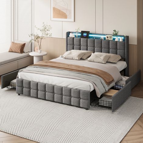 Letto 160 x 200 cm, letto per adulti 160x200 con 4 cassetti, con porta USB e LED, letto imbottito, con testiera, struttura letto, biancheria, grigio (1/5)