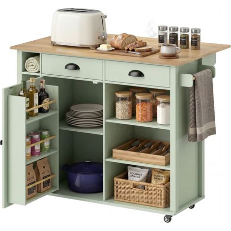 Îlot central cuisine vert avec plateau pliant et roulettes, desserte sur roues avec 2 tiroirs, porte-serviettes intégré, meuble de rangement fonctionnel pour cuisine. (1/5)