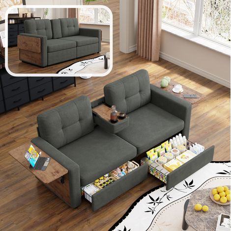 Canapé 2 places chenille gris foncé, 2 tiroirs, tablettes réglables, porte-gobelet OKWISH (1/5)