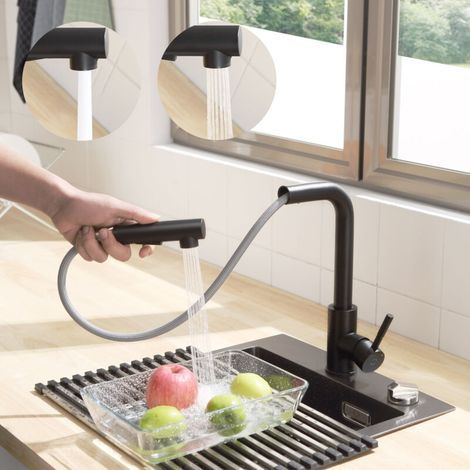 Schwarzer Küchenarmatur mit ausziehbarer Brause – Küchenmischbatterie mit 2 Sprühmodi – Spültischarmatur, 360° schwenkbar (1/4)