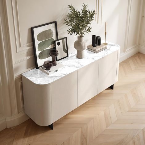 Buffet 3 portes beige et décor marbre blanc 180cm ISABELA (1/5)
