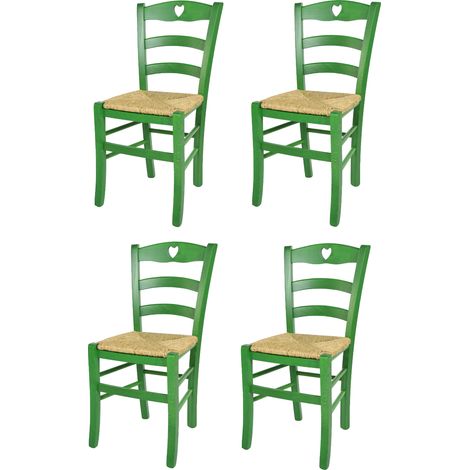Tommychairs - Set 4 sedie modello Cuore per cucina bar e sala da pranzo, robusta struttura in legno di faggio verniciata in anilina verde e seduta in paglia