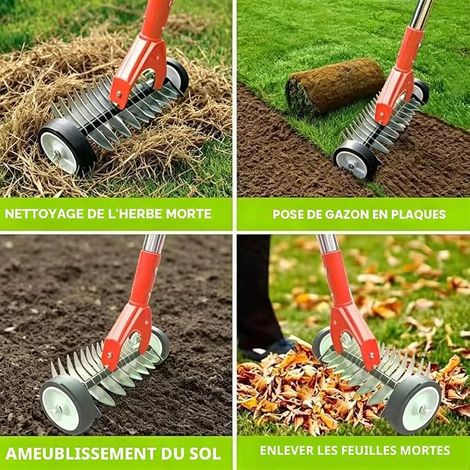 Scarificateur manuel avec roues, scarificateur de pelouse manuel, manche verticuteur de 65", aérateur de pelouse avec roues, amovible, verticuteur réglable, binette scarificatrice de jardin (1/5)