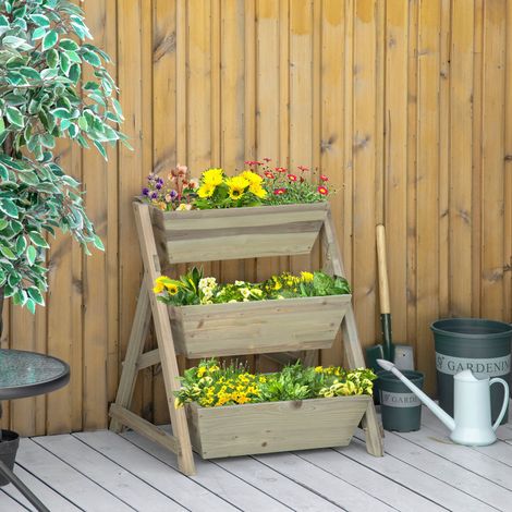 Aiuola rialzata quadrata Outsunny a 3 livelli, dimensioni: 71L x 61W x 77H cm, inserti per l'irrigazione, feltro drenante, legno di abete trattato a pressione.