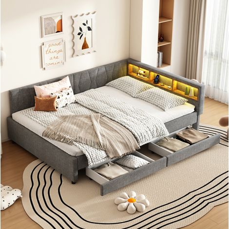 Sofá cama de lino gris 140x200 cm con LED, USB+Tipo C, estantes y 2 cajones (1/5)