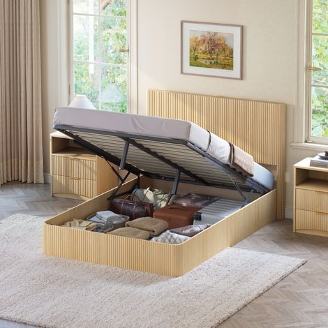 Cama con almacenaje 140 x 200 cm con sistema hidráulico, MDF, metal, efecto roble claro DESVIAE (1/5)