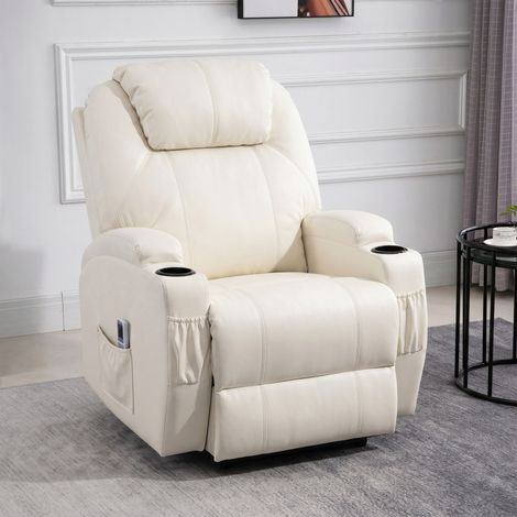 Fauteuil Luxe de Relaxation et Massage Inclinaison Dossier Repose-Pied électrique revêtement synthétique Crème (1/5)