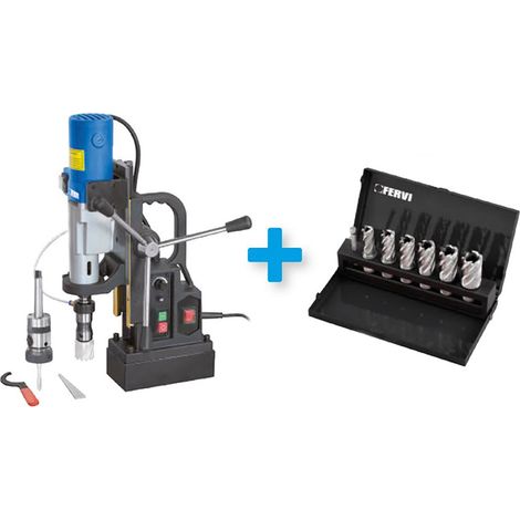 Trapano/maschiatore magnetico + serie di tazze a carotare FERVI KIT0243 - ( 0518/38M+F011/6 )