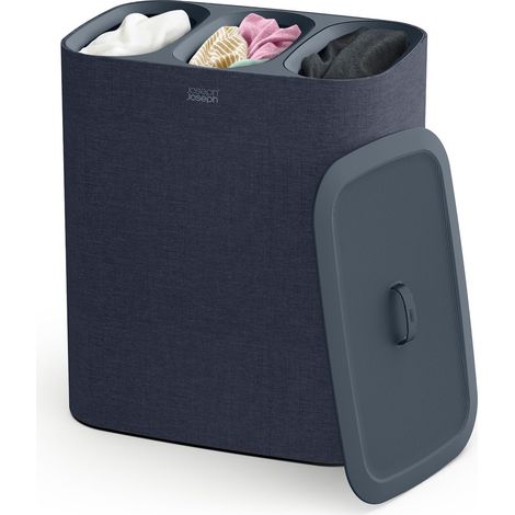 Cesto para separar la colada fácil de vaciar Joseph Joseph Tota Trio de 90 litros (negra) – 3 compartimentos, resistente y fácil de vaciar, ideal para organizar la ropa