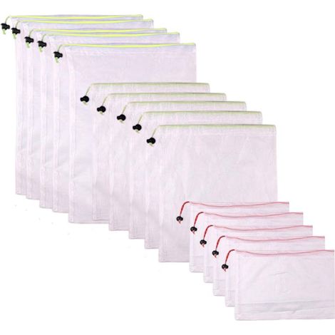 Lot de 15 sacs à provisions réutilisables, lavables, en filet avec cordon de serrage, pour le rangement des fruits et légumes dans (1/5)