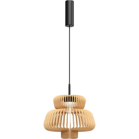 Suspension japandi en bois et métal LED 14 W NAMIKI Maytoni, lames cintrées noir et bois clair (1/2)