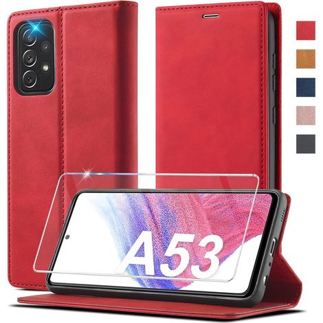 Coque portefeuille à rabat pour Samsung Galaxy A53 5G en cuir PU, avec support et fermeture magnétique, rouge (1/5)