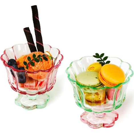 Set di 2 ciotole da dessert in vetro a forma di fiore colorato con base - Ciotole per gelato e budino rosa e verdi, eleganti e riutilizzabili