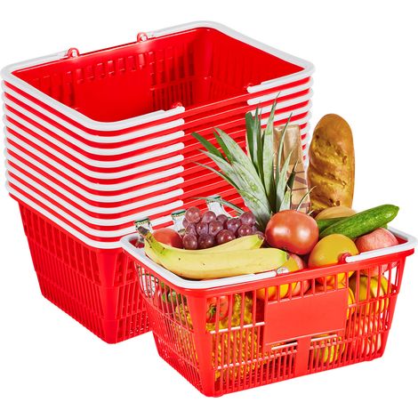 Mophorn Einkaufskorb, 12 Stück, 21 L, robuster Kunststoffkorb mit Griffen, vielseitig einsetzbar, belastbar bis 9,07 kg, ideal für Lebensmittel, Einzelhandel, Supermärkte, Zuhause, rot (1/5)