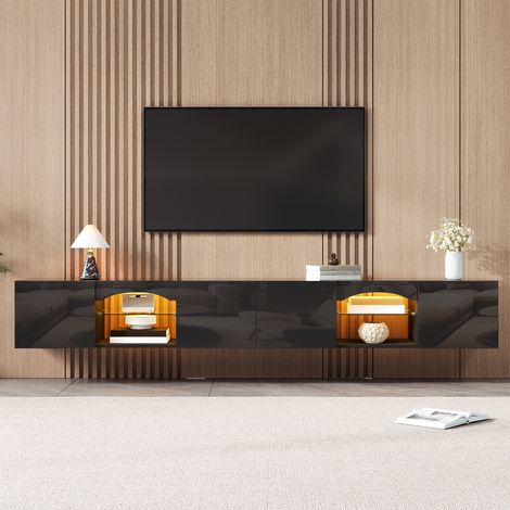 Lowboard mit LED-App-Steuerung, 4 Türen und Glasfächern, 200 x 30 x 28 cm, Schwarz (1/5)