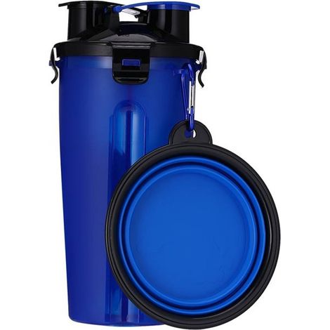 Borraccia 2 in 1 per cani, ideale per acqua e cibo, con ciotola pieghevole, due scomparti, coperchio a tenuta stagna, facile da trasportare e da impugnare durante passeggiate ed escursioni. (1/5)