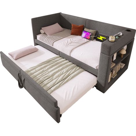 Canapé-lit 90x200 cm, lit gigogne avec ports usb & type-c, porte-gobelet, accoudoirs, tissu lin, gris (1/5)