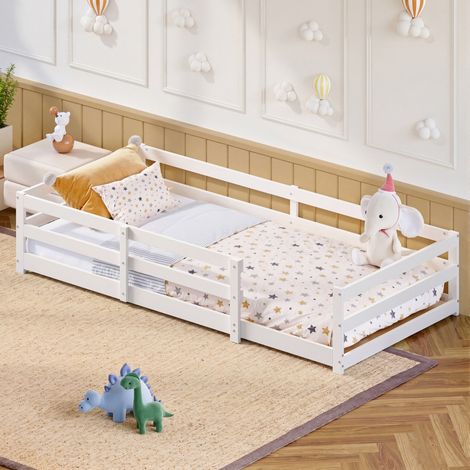Bett Montessori Kinderbett aus massivem Kiefernholz Weiß 90x200 cm mit 4-seitigem Schutzgitter und Lattenrost