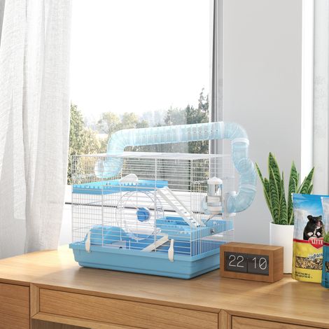 Bleu clair - Cage à hamsters 3 niveaux avec logement, roue et accessoires, pour hamsters nains et rongeurs, 47,5x31,5x29,5 cm