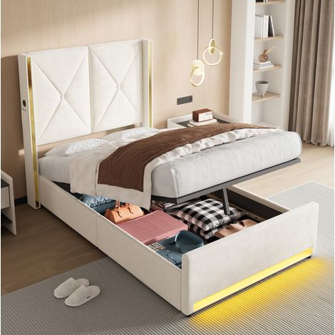 MEUBLIV Cama canapé 90x200 cm beige con LED, USB y almacenaje, sin colchón (1/5)