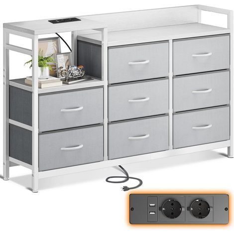Commode 8 tiroirs tissu avec 2 ports USB et 2 prises AC, blanc et gris clair (1/5)