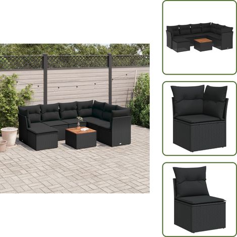 The Living Store Salon de jardin 8 pcs avec coussins noir résine tressée - Ensemble Salon De Jardin - Mobilier De Jardin - Canapé Extérieur - Set De Jardin - Chaise Lounge