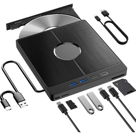 Lecteur CD DVD externe USB 3.0 type C, externe avec lecteur de carte SD/TF, graveur RW portable, lecteur DVD externe pour tous les PC, ordinateur portable, ordinateur de bureau, MacBook (1/5)