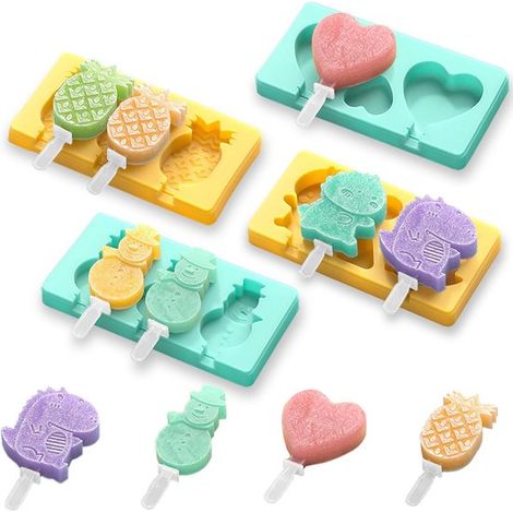 Moldes helados infantiles estampado dibujos animados, 4 moldes silicona palitos revestimiento antiadherente base plana desmoldar fácilmente (1/5)