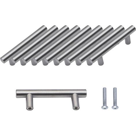 Poignée de Barre en T, Paquet de 10 Poignées de Porte D'armoire Brossées Matériel Acier Inoxydable pour Armoires de Cuisine Poignée de Tirage Centres de Trous 64 mm Argent (1/5)