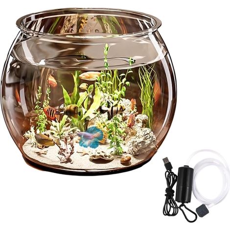 1x Bocal Poisson, Verre Transparent, 6L, Avec Pompe à Oxygène, Pour Bureau ou Salon