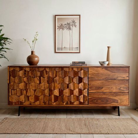 Buffet 2 portes 175x40x70 cm en sheesham 3D et métal noir - LITUA